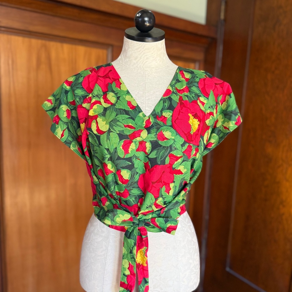 Vintage Vibrant Floral Cotton Cropped Wrap Top Blouse, Handmade, Large XL